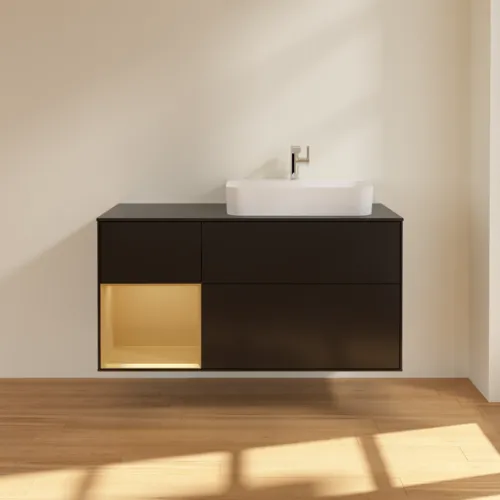 VILLEROY BOCH Toaletní skříňka Finion, s osvětlením, 3 výsuvy, 1200 x 603 x 501 mm, černý matný lak / zlatý matný lak / černé matné sklo #F392HFPD, obrázek 3