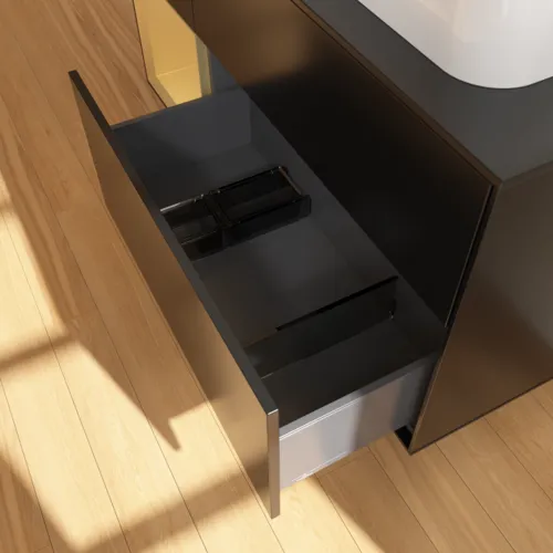 VILLEROY BOCH Toaletní skříňka Finion, s osvětlením, 3 výsuvy, 1200 x 603 x 501 mm, černý matný lak / zlatý matný lak / černé matné sklo #F392HFPD, obrázek 7
