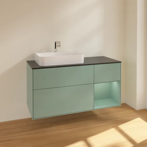VILLEROY BOCH Toaletní skříňka Finion, s osvětlením, 3 výsuvy, 1200 x 603 x 501 mm, olivově matný lak / olivově matný lak / sklo černé matné #F402GMGM, obrázek 2