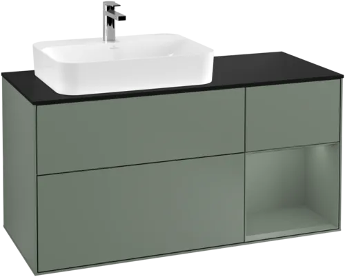 VILLEROY BOCH Toaletní skříňka Finion, s osvětlením, 3 výsuvy, 1200 x 603 x 501 mm, olivově matný lak / olivově matný lak / sklo černé matné #F402GMGM, obrázek 1