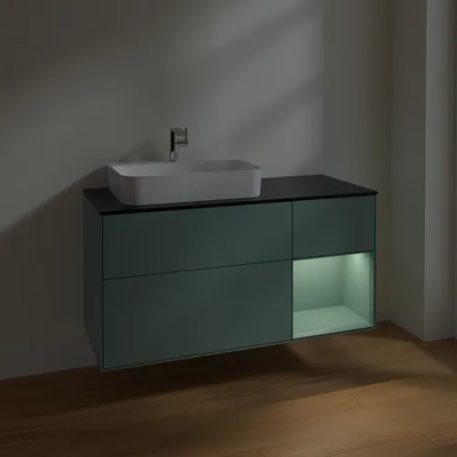 VILLEROY BOCH Toaletní skříňka Finion, s osvětlením, 3 výsuvy, 1200 x 603 x 501 mm, olivově matný lak / olivově matný lak / sklo černé matné #F402GMGM, obrázek 5
