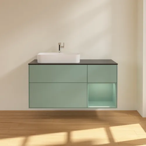 VILLEROY BOCH Toaletní skříňka Finion, s osvětlením, 3 výsuvy, 1200 x 603 x 501 mm, olivově matný lak / olivově matný lak / sklo černé matné #F402GMGM, obrázek 3