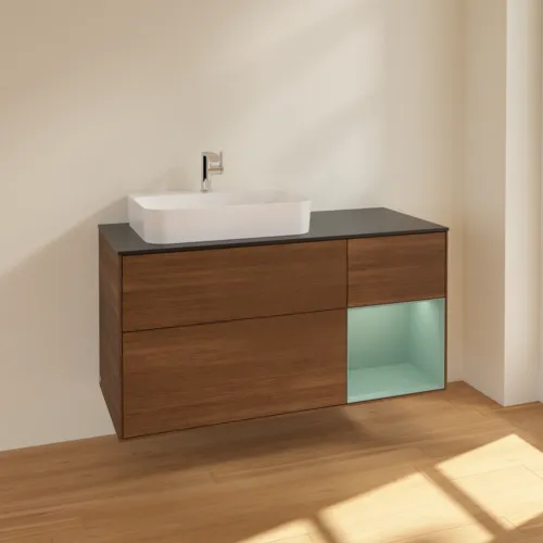 VILLEROY BOCH Toaletní skříňka Finion, s osvětlením, 3 výsuvy, 1200 x 603 x 501 mm, ořechová dýha / olivově matný lak / sklo černé matné #F402GMGN, obrázek 2