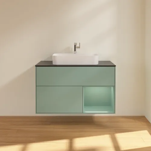 VILLEROY BOCH Toaletní skříňka Finion, s osvětlením, 2 výsuvy, 1000 x 603 x 501 mm, olivově matný lak / olivově matný lak / sklo černé matné #F372GMGM, obrázek 3