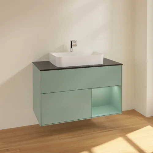 VILLEROY BOCH Toaletní skříňka Finion, s osvětlením, 2 výsuvy, 1000 x 603 x 501 mm, olivově matný lak / olivově matný lak / sklo černé matné #F372GMGM, obrázek 2