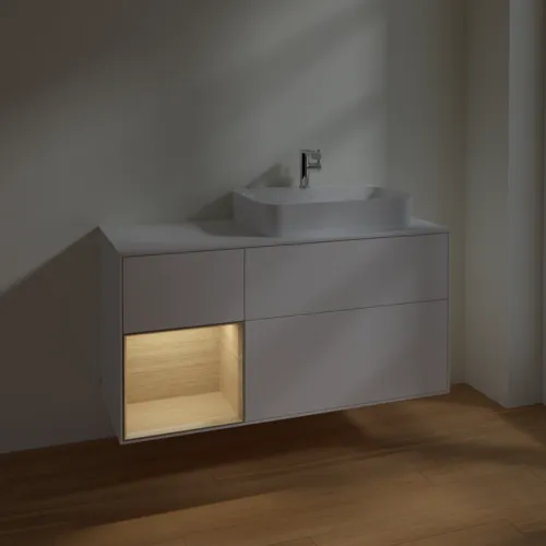 VILLEROY BOCH Toaletní skříňka Finion, s osvětlením, 3 výsuvy, 1200 x 603 x 501 mm, bílý matný lak / dubová dýha / sklo bílé matné #F391PCMT, obrázek 5