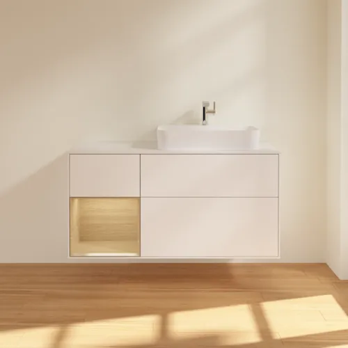VILLEROY BOCH Toaletní skříňka Finion, s osvětlením, 3 výsuvy, 1200 x 603 x 501 mm, bílý matný lak / dubová dýha / sklo bílé matné #F391PCMT, obrázek 3