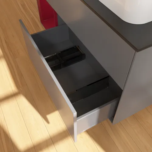 VILLEROY BOCH Toaletní skříňka Finion, s osvětlením, 3 výsuvy, 1200 x 603 x 501 mm, antracitový matný lak / pivoňkový matný lak / černé matné sklo #F392HBGK, obrázek 7