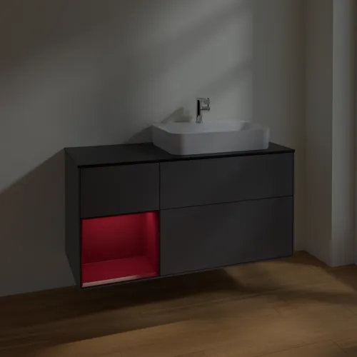 VILLEROY BOCH Toaletní skříňka Finion, s osvětlením, 3 výsuvy, 1200 x 603 x 501 mm, antracitový matný lak / pivoňkový matný lak / černé matné sklo #F392HBGK, obrázek 5