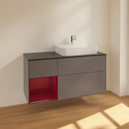 VILLEROY BOCH Toaletní skříňka Finion, s osvětlením, 3 výsuvy, 1200 x 603 x 501 mm, antracitový matný lak / pivoňkový matný lak / černé matné sklo #F392HBGK, obrázek 2