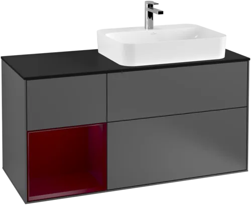 VILLEROY BOCH Toaletní skříňka Finion, s osvětlením, 3 výsuvy, 1200 x 603 x 501 mm, antracitový matný lak / pivoňkový matný lak / černé matné sklo #F392HBGK