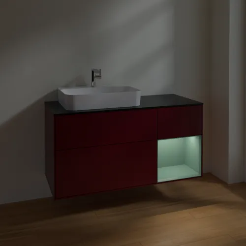 VILLEROY BOCH Toaletní skříňka Finion, s osvětlením, 3 výsuvy, 1200 x 603 x 501 mm, Pivoňka matný lak / Olivový matný lak / Sklo černé matné #F402GMHB, obrázek 5