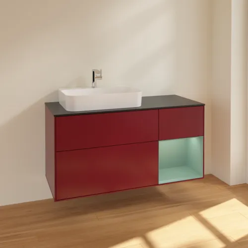 VILLEROY BOCH Toaletní skříňka Finion, s osvětlením, 3 výsuvy, 1200 x 603 x 501 mm, Pivoňka matný lak / Olivový matný lak / Sklo černé matné #F402GMHB, obrázek 2