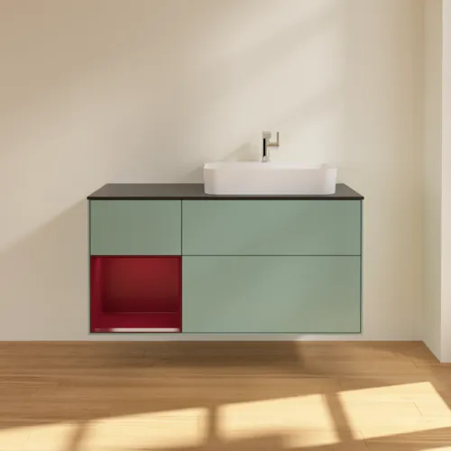 VILLEROY BOCH Toaletní skříňka Finion, s osvětlením, 3 výsuvy, 1200 x 603 x 501 mm, olivový matný lak / pivoňkový matný lak / černé matné sklo #F392HBGM, obrázek 3