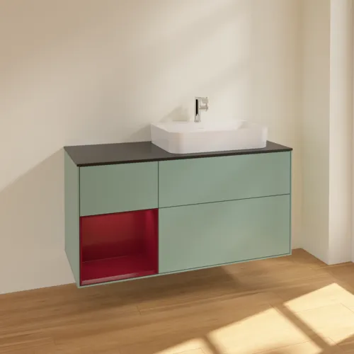 VILLEROY BOCH Toaletní skříňka Finion, s osvětlením, 3 výsuvy, 1200 x 603 x 501 mm, olivový matný lak / pivoňkový matný lak / černé matné sklo #F392HBGM, obrázek 2