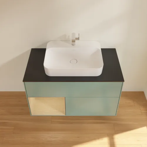 VILLEROY BOCH Toaletní skříňka Finion, s osvětlením, 2 výsuvy, 1000 x 603 x 501 mm, olivový matný lak / dubová dýha / sklo černé matné #F362PCGM, obrázek 4