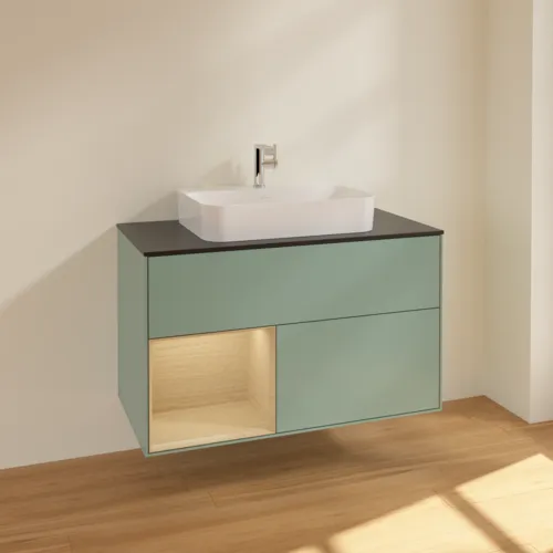 VILLEROY BOCH Toaletní skříňka Finion, s osvětlením, 2 výsuvy, 1000 x 603 x 501 mm, olivový matný lak / dubová dýha / sklo černé matné #F362PCGM, obrázek 2