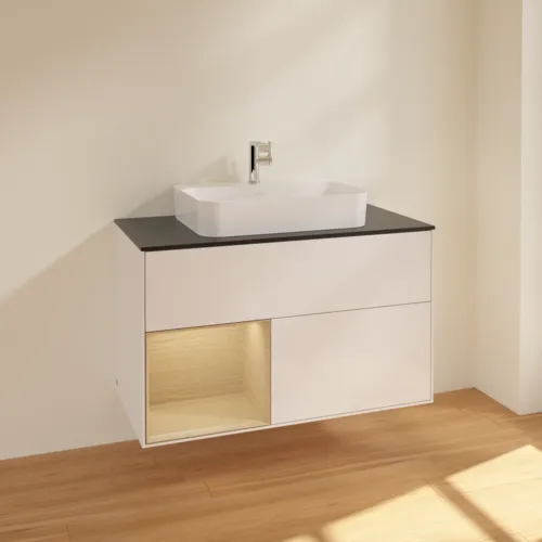 VILLEROY BOCH Toaletní skříňka Finion, s osvětlením, 2 výsuvy, 1000 x 603 x 501 mm, lesklý bílý lak / dubová dýha / černé matné sklo #F362PCGF, obrázek 2