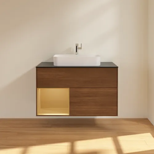 VILLEROY BOCH Toaletní skříňka Finion, s osvětlením, 2 výsuvy, 1000 x 603 x 501 mm, ořechová dýha / zlatý matný lak / černé matné sklo #F362HFGN, obrázek 3
