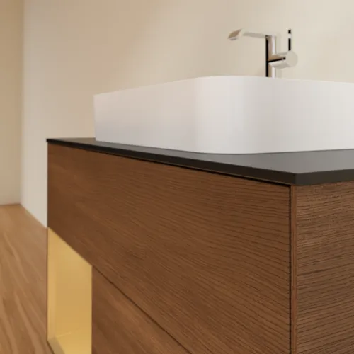 VILLEROY BOCH Toaletní skříňka Finion, s osvětlením, 2 výsuvy, 1000 x 603 x 501 mm, ořechová dýha / zlatý matný lak / černé matné sklo #F362HFGN, obrázek 6