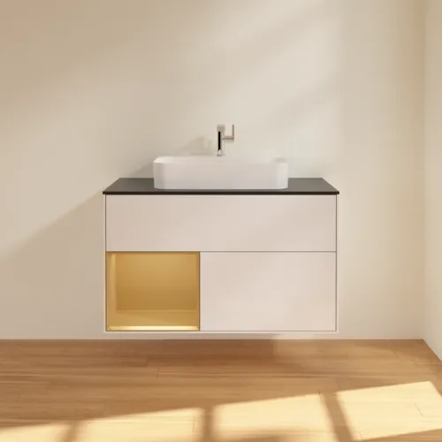 VILLEROY BOCH Toaletní skříňka Finion, s osvětlením, 2 výsuvy, 1000 x 603 x 501 mm, lesklý bílý lak / zlatý matný lak / černé matné sklo #F362HFGF, obrázek 3