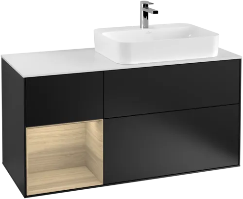 VILLEROY BOCH Toaletní skříňka Finion, s osvětlením, 3 výsuvy, 1200 x 603 x 501 mm, černý matný lak / dubová dýha / sklo bílé matné #F391PCPD