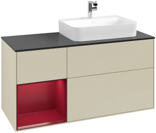 VILLEROY BOCH Toaletní skříňka Finion, s osvětlením, 3 výsuvy, 1200 x 603 x 501 mm, Silk Grey Matt Lacquer / Peony Matt Lacquer / Glass Black Matt #F392HBHJ