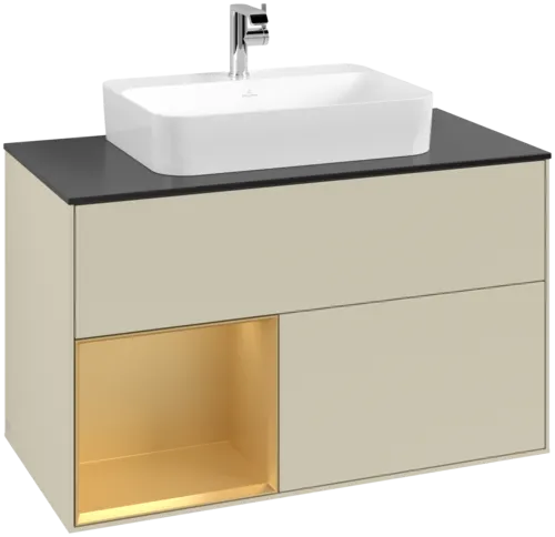 VILLEROY BOCH Toaletní skříňka Finion, s osvětlením, 2 výsuvy, 1000 x 603 x 501 mm, Silk Grey Matt Lacquer / Gold Matt Lacquer / Glass Black Matt #F362HFHJ