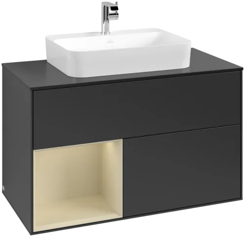 VILLEROY BOCH Toaletní skříňka Finion, s osvětlením, 2 výsuvy, 1000 x 603 x 501 mm, černý matný lak / hedvábně šedý matný lak / černé matné sklo #F362HJPD