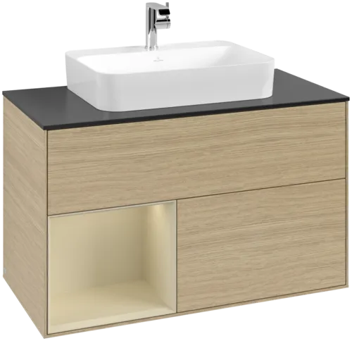 VILLEROY BOCH Toaletní skříňka Finion, s osvětlením, 2 výsuvy, 1000 x 603 x 501 mm, dubová dýha / hedvábně šedý matný lak / sklo černé matné #F362HJPC