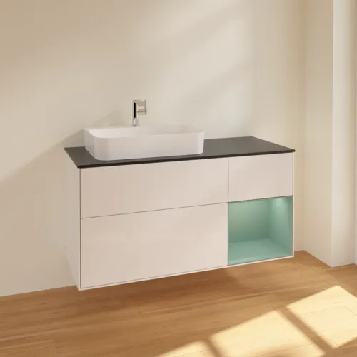 VILLEROY BOCH Toaletní skříňka Finion, s osvětlením, 3 výsuvy, 1200 x 603 x 501 mm, lesklý bílý lak / olivově matný lak / černé matné sklo #F402GMGF, obrázek 2
