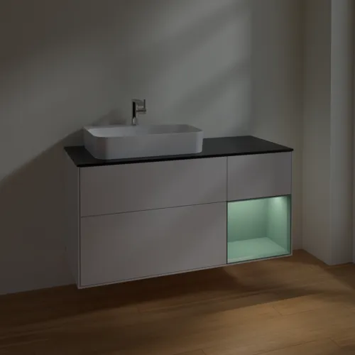 VILLEROY BOCH Toaletní skříňka Finion, s osvětlením, 3 výsuvy, 1200 x 603 x 501 mm, lesklý bílý lak / olivově matný lak / černé matné sklo #F402GMGF, obrázek 5