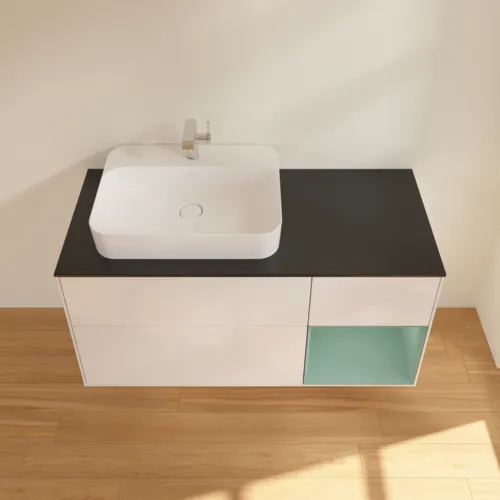 VILLEROY BOCH Toaletní skříňka Finion, s osvětlením, 3 výsuvy, 1200 x 603 x 501 mm, lesklý bílý lak / olivově matný lak / černé matné sklo #F402GMGF, obrázek 4