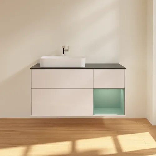VILLEROY BOCH Toaletní skříňka Finion, s osvětlením, 3 výsuvy, 1200 x 603 x 501 mm, lesklý bílý lak / olivově matný lak / černé matné sklo #F402GMGF, obrázek 3