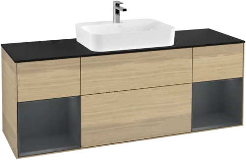 VILLEROY BOCH Toaletní skříňka Finion, s osvětlením, 4 výsuvy, 1600 x 603 x 501 mm, dubová dýha / půlnočně modrý matný lak / černé matné sklo #F452HGPC