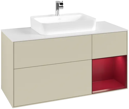 VILLEROY BOCH Toaletní skříňka Finion, s osvětlením, 3 výsuvy, 1200 x 603 x 501 mm, Silk Grey Matt Lacquer / Peony Matt Lacquer / Glass White Matt #F421HBHJ