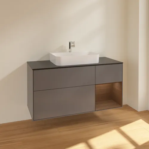 VILLEROY BOCH Toaletní skříňka Finion, s osvětlením, 3 výsuvy, 1200 x 603 x 501 mm, antracitový matný lak / ořechová dýha / černé matné sklo #F422GNGK, obrázek 2
