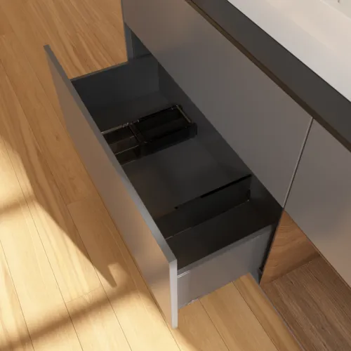 VILLEROY BOCH Toaletní skříňka Finion, s osvětlením, 3 výsuvy, 1200 x 603 x 501 mm, antracitový matný lak / ořechová dýha / černé matné sklo #F422GNGK, obrázek 7