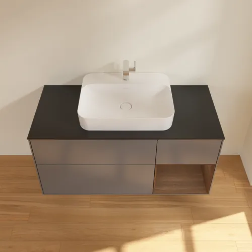 VILLEROY BOCH Toaletní skříňka Finion, s osvětlením, 3 výsuvy, 1200 x 603 x 501 mm, antracitový matný lak / ořechová dýha / černé matné sklo #F422GNGK, obrázek 4