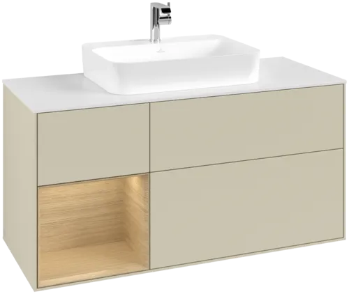VILLEROY BOCH Toaletní skříňka Finion, s osvětlením, 3 výsuvy, 1200 x 603 x 501 mm, hedvábně šedý matný lak / dubová dýha / bílé matné sklo #F411PCHJ
