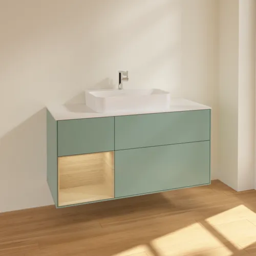 VILLEROY BOCH Toaletní skříňka Finion, s osvětlením, 3 výsuvy, 1200 x 603 x 501 mm, olivový matný lak / dubová dýha / sklo bílé matné #F411PCGM, obrázek 2