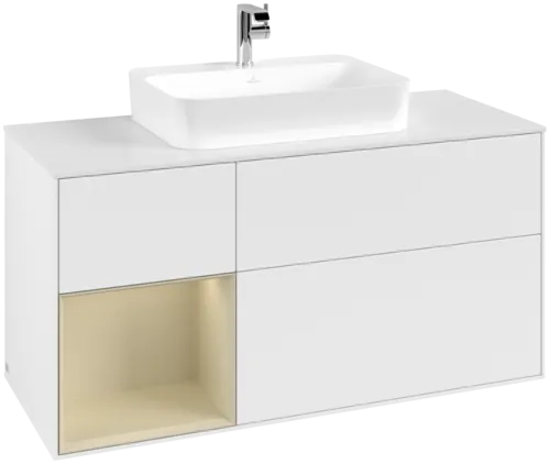 VILLEROY BOCH Toaletní skříňka Finion, s osvětlením, 3 výsuvy, 1200 x 603 x 501 mm, bílý matný lak / hedvábně šedý matný lak / bílé matné sklo #F411HJMT