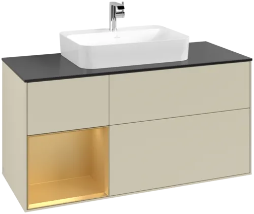 VILLEROY BOCH Toaletní skříňka Finion, s osvětlením, 3 výsuvy, 1200 x 603 x 501 mm, Silk Grey Matt Lacquer / Gold Matt Lacquer / Glass Black Matt #F412HFHJ