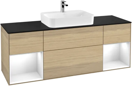 VILLEROY BOCH Toaletní skříňka Finion, s osvětlením, 4 výsuvy, 1600 x 603 x 501 mm, dubová dýha / lesklý bílý lak / sklo černé matné #F452GFPC