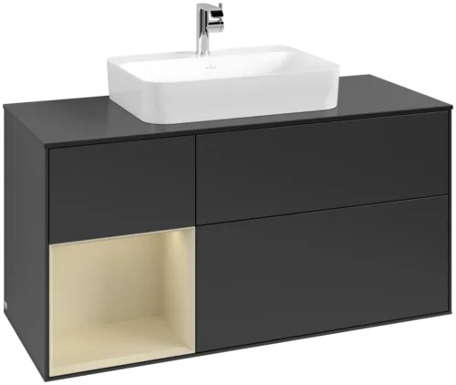 VILLEROY BOCH Toaletní skříňka Finion, s osvětlením, 3 výsuvy, 1200 x 603 x 501 mm, černý matný lak / hedvábně šedý matný lak / černé matné sklo #F412HJPD