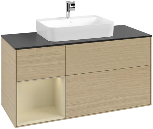 VILLEROY BOCH Toaletní skříňka Finion, s osvětlením, 3 výsuvy, 1200 x 603 x 501 mm, dubová dýha / hedvábně šedý matný lak / sklo černé matné #F412HJPC