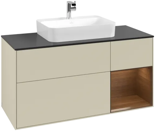 VILLEROY BOCH Toaletní skříňka Finion, s osvětlením, 3 výsuvy, 1200 x 603 x 501 mm, hedvábně šedý matný lak / ořechová dýha / černé matné sklo #F422GNHJ