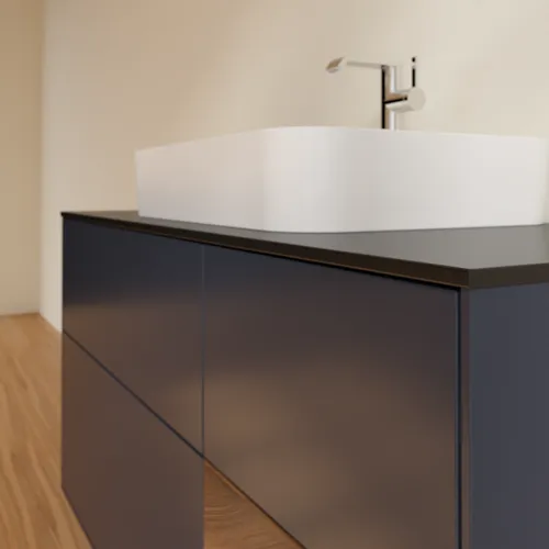 VILLEROY BOCH Toaletní skříňka Finion, s osvětlením, 3 výsuvy, 1200 x 603 x 501 mm, půlnočně modrý matný lak / ořechová dýha / černé matné sklo #F422GNHG, obrázek 6
