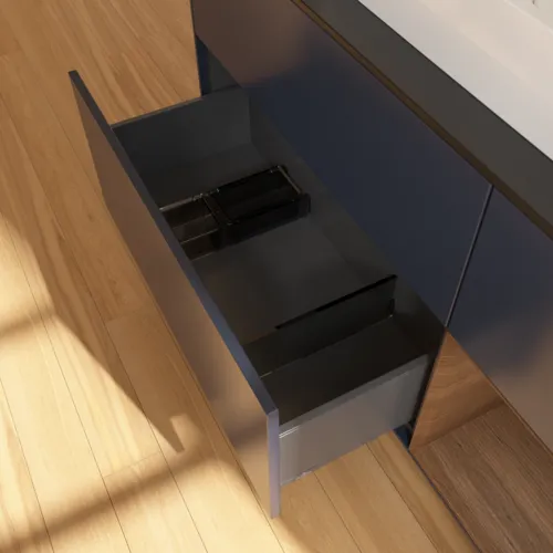 VILLEROY BOCH Toaletní skříňka Finion, s osvětlením, 3 výsuvy, 1200 x 603 x 501 mm, půlnočně modrý matný lak / ořechová dýha / černé matné sklo #F422GNHG, obrázek 7
