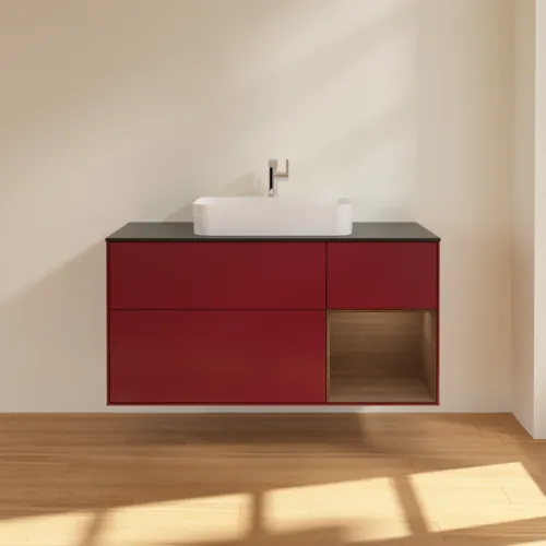 VILLEROY BOCH Toaletní skříňka Finion, s osvětlením, 3 výsuvy, 1200 x 603 x 501 mm, matný lak Peony / ořechová dýha / černé matné sklo #F422GNHB, obrázek 3